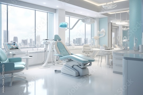 An image of a dentists office featuring a chair and desk for patient and administrative purposes, Dentist office white interior with medical equipment, AI Generated photo