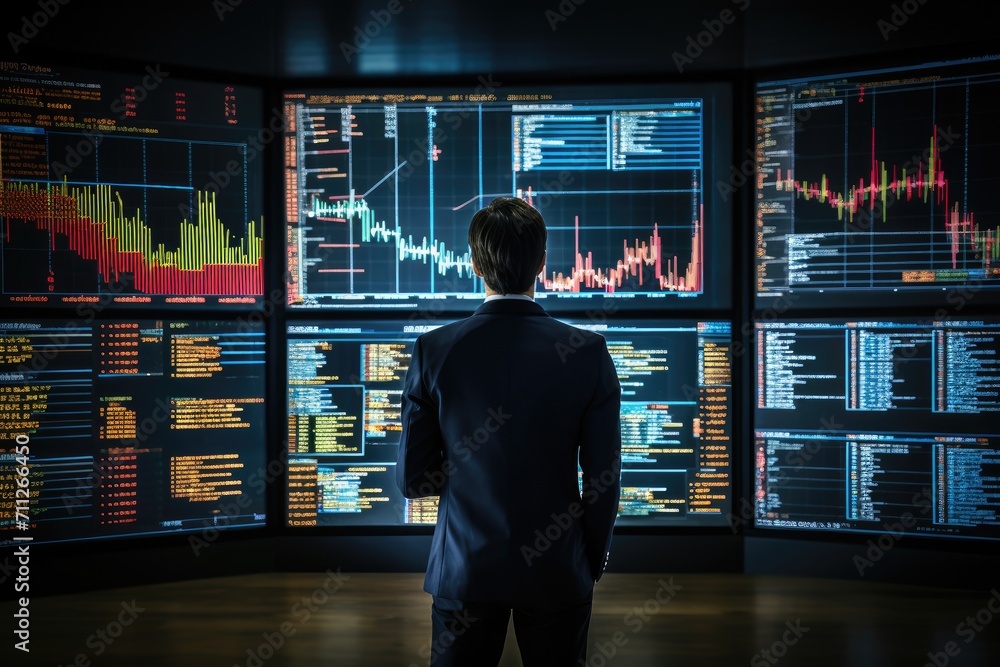 Man Standing in Front of Wall of Screens at Command Center, Finance trade manager analyzing stock market indicators for best investment strategy, AI Generated