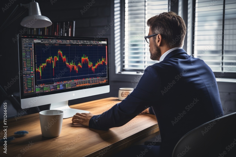 Man Working at Desk in Front of Computer, Office Productivity Concept, Finance trade manager analyzing stock market indicators for best investment strategy, AI Generated