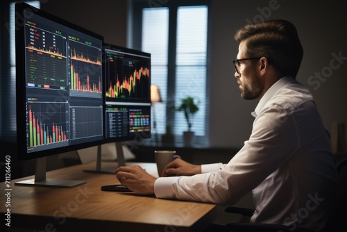 A man is sitting at a desk and working on a computer monitor, Finance trade manager analyzing stock market indicators for best investment strategy, AI Generated