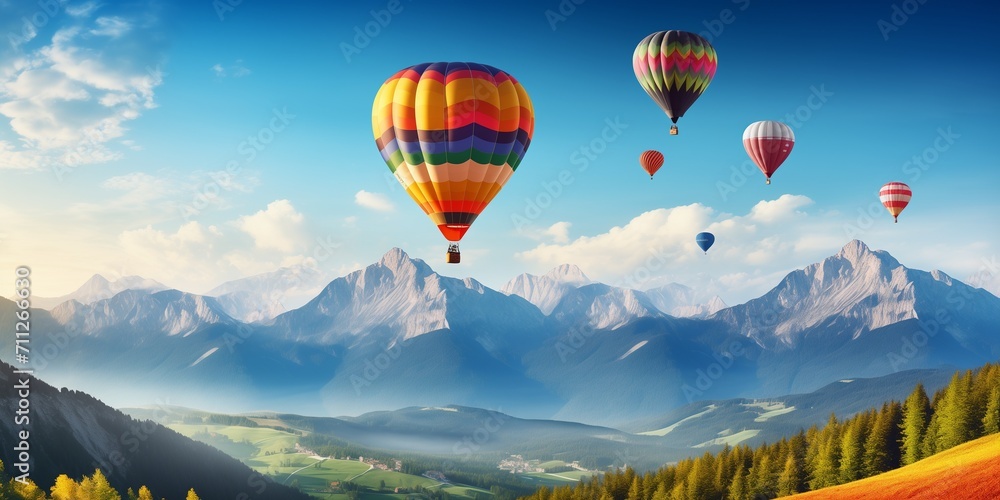 Fototapeta premium Colorful hot-air balloons flying over the mountain