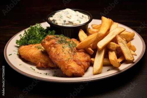 A mouthwatering dish featuring a white plate with a serving of fish and golden french fries, Fish and chips served with tartar sauce, AI Generated