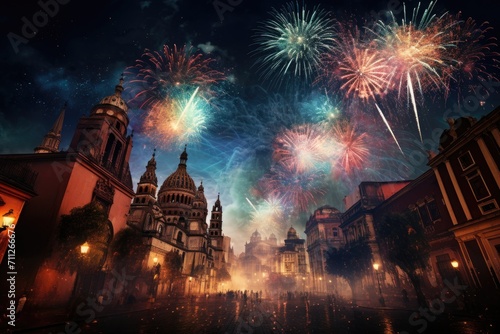 A stunning display of fireworks illuminating the night sky above a bustling city, Fireworks for Mexican Independence Day, AI Generated