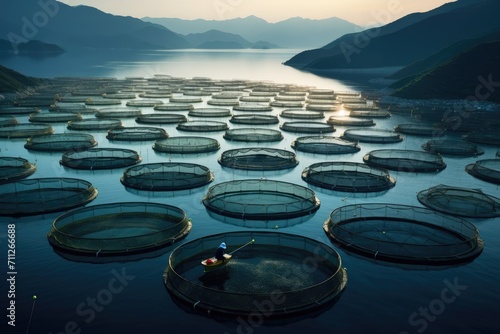 An extensive collection of fish cages floats effortlessly on the surface of a vast body of water, fish farm farming with nets, AI Generated photo