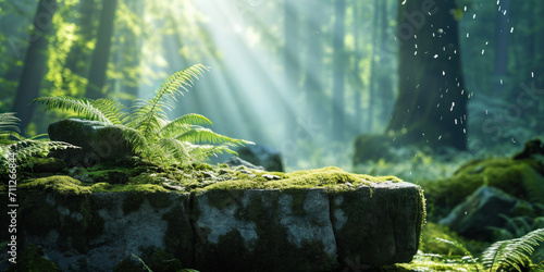 Empty stone pedestal overgrown with moss in a sunny forest photo