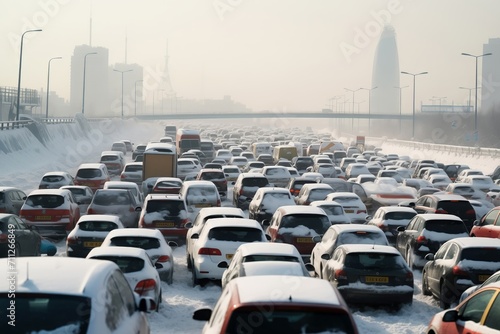 Urban streets congested with vehicles causing gridlock after snowstorm. Urban roadways overwhelmed with traffic make difficult for drivers to navigate photo