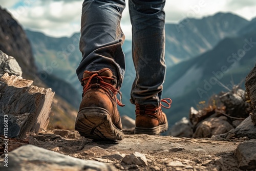 A person stands triumphantly on top of a rugged rocky mountain, taking in the stunning panoramic view, focus on shoes of cropping, people hiker in the mountains, AI Generated