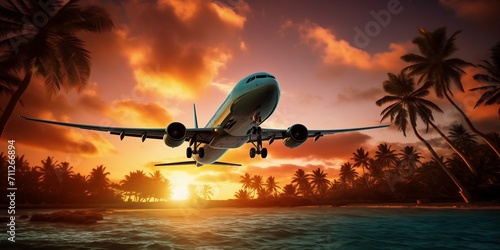 airplane flying above tropical sea at sunset