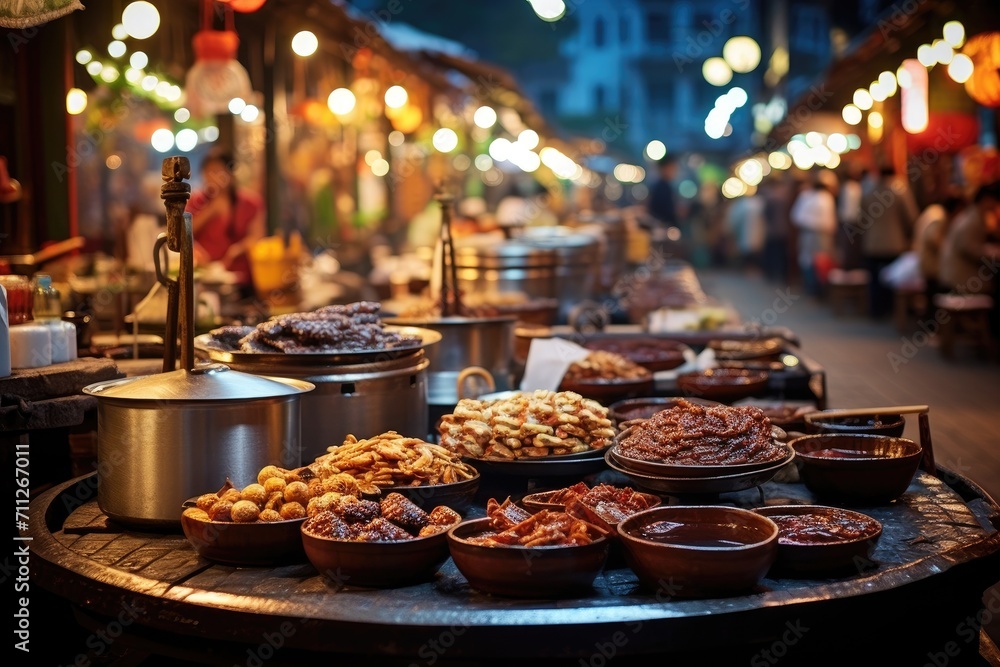 A table overflowing with a variety of delicious dishes, placed in the middle of a bustling street filled with people, Food market street in Beijing, China, AI Generated