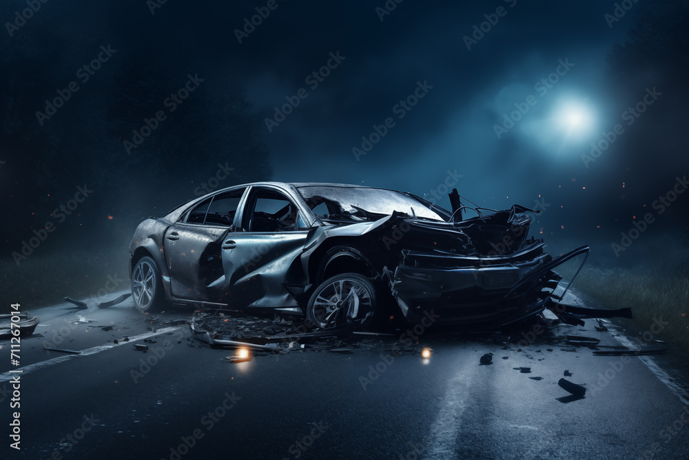 Car accident on the road at night. Collision in the car.