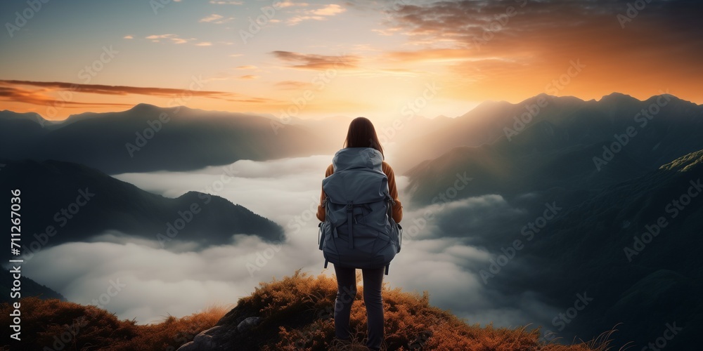 Obraz premium young woman with backpack enjoying sunset