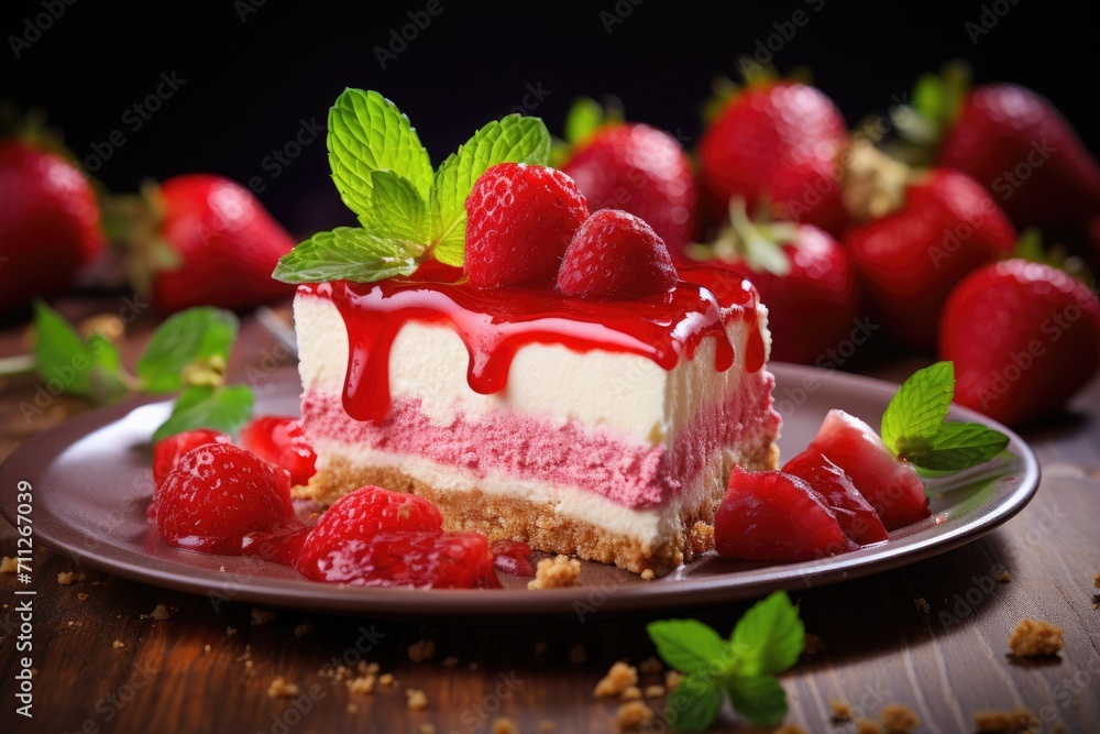 Delicious Cheesecake With Fresh Strawberries, Food photography of strawberry cheesecake, red fruits, close-up, vibrant colors, natural lighting, appetizing mood, indoor setting, AI Generated Delicious Cheesecake With Fresh Strawberries, Food photography of strawberry cheesecake, red fruits, close-up, vibrant colors, natural lighting, appetizing mood, indoor setting, AI Generated