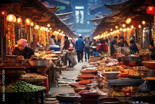 A vibrant market scene filled with people walking around and a wide variety of food stalls, Food market street in Beijing, China, AI Generated