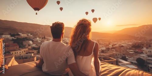Young couple at sunrise on a rooftop