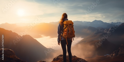 young woman with backpack enjoying sunset