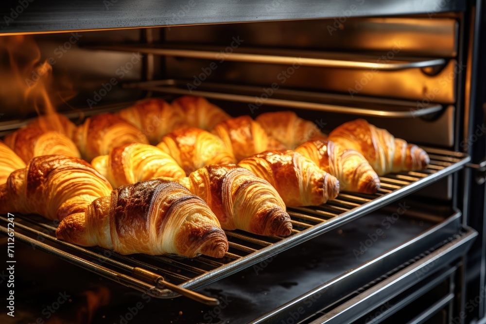A batch of freshly made croissants cooking in the oven, filling the air with a delightful aroma, fresh croissants in rack in bakery oven, AI Generated A batch of freshly made croissants cooking in the oven, filling the air with a delightful aroma, fresh croissants in rack in bakery oven, AI Generated