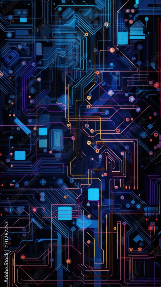 Colorful Computer Circuit Board Illustrating Digital Background for Programming and Code, neon  blue light