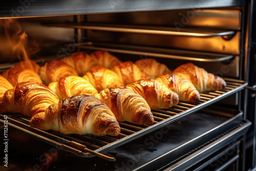 A batch of freshly made croissants cooking in the oven, filling the air with a delightful aroma, fresh croissants in rack in bakery oven, AI Generated