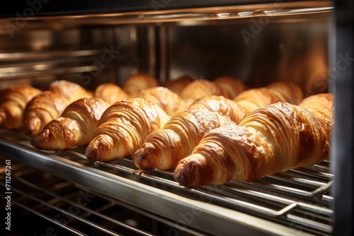 A variety of delicious croissants neatly arranged on a rack, ready to be enjoyed, fresh croissants in rack in bakery oven, AI Generated