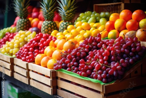 A bustling fruit stand offering a wide assortment of fresh and colorful fruits for sale  fresh fruits on crates on shop market  AI Generated