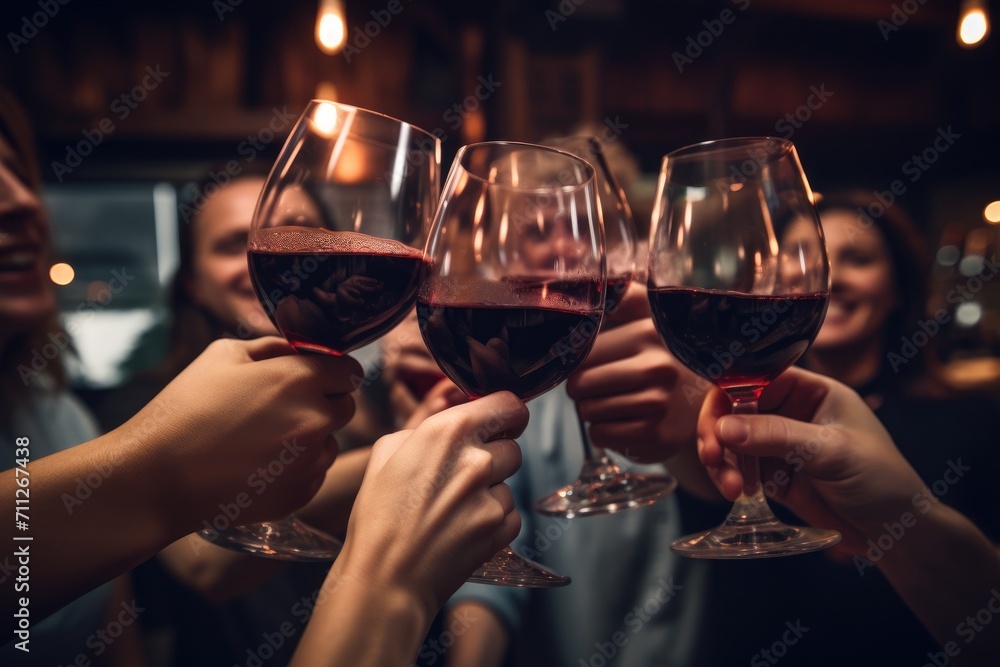 Group of People Celebrating Together With Wine Glasses, Friends toasting red wine glass and having fun cheering at winetasting experience, AI Generated