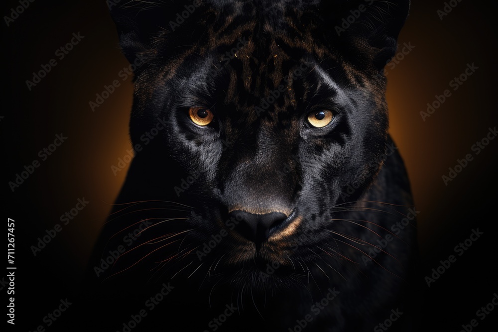 This powerful image captures the close-up view of a black panthers face, revealing its captivating and intense gaze, Front view of Panther on dark background, AI Generated