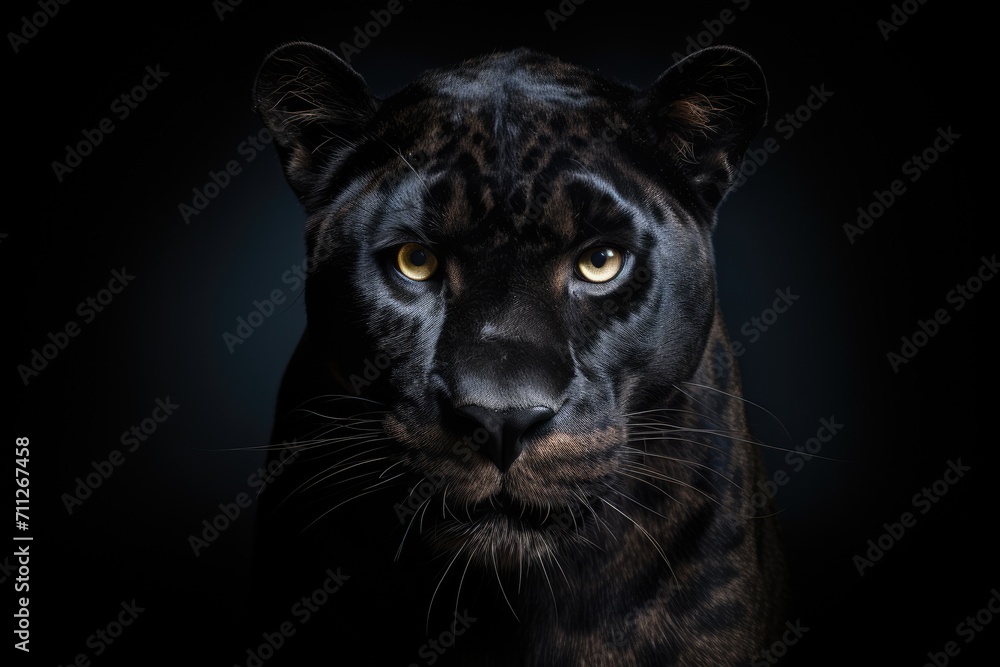 Take a closer look at the mesmerizing face of a black leopard, capturing its intense gaze and graceful expression, Front view of Panther on dark background, AI Generated
