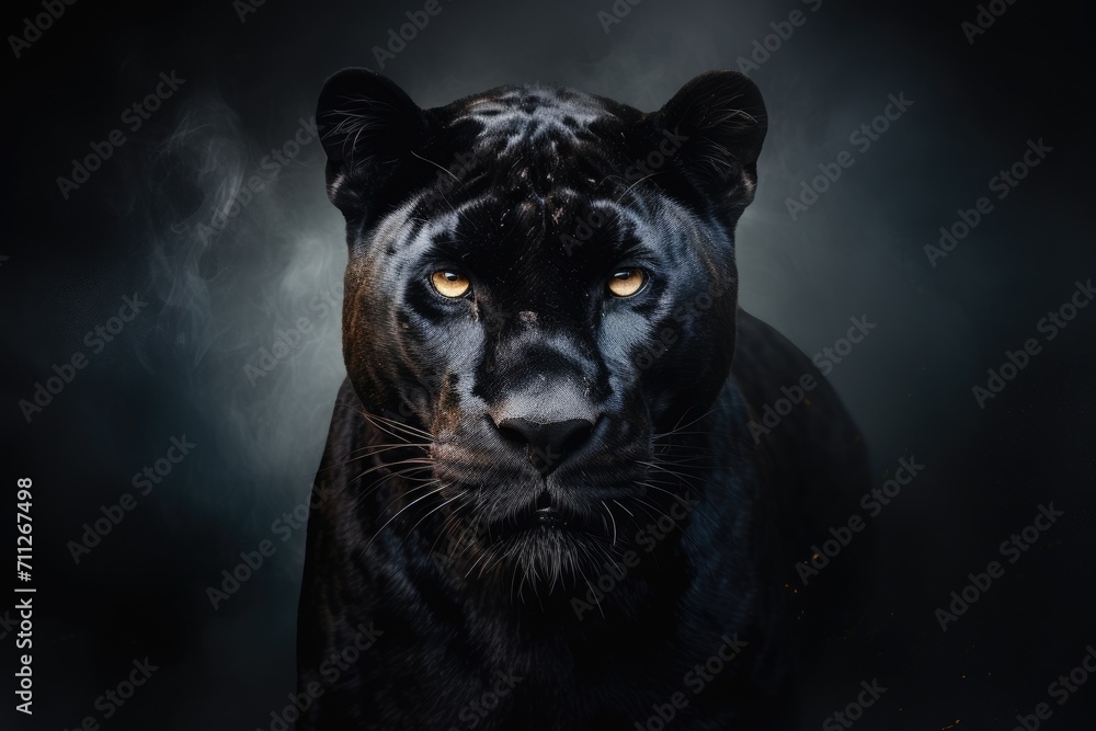 An awe-inspiring image of a black tiger with captivating yellow eyes, illuminated in the darkness, Front view of Panther on dark background, AI Generated