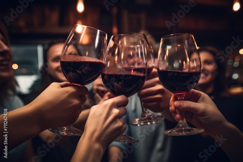 Group of People Celebrating Together With Wine Glasses, Friends toasting red wine glass and having fun cheering at winetasting experience, AI Generated