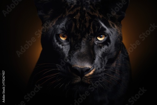 This powerful image captures the close-up view of a black panthers face, revealing its captivating and intense gaze, Front view of Panther on dark background, AI Generated