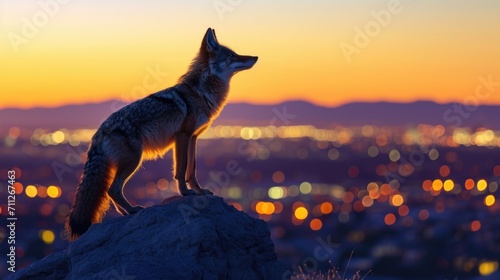 Closeup of a majestic coyote standing tall on a rocky outcrop silhouetted against the vivid hues of the setting sun just beyond th photo