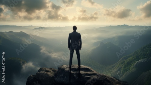 A businessman stands on the top of a mountain and looks into the distance against the background of sky. The concept of Career growth, Overcoming difficulties, Achieving Success in business.