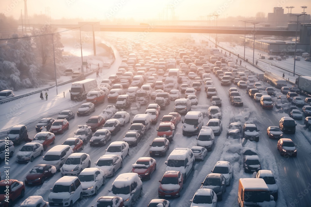 Urban streets congested with vehicles causing gridlock after snowstorm. Urban roadways overwhelmed with traffic make difficult for drivers to navigate, sunlight