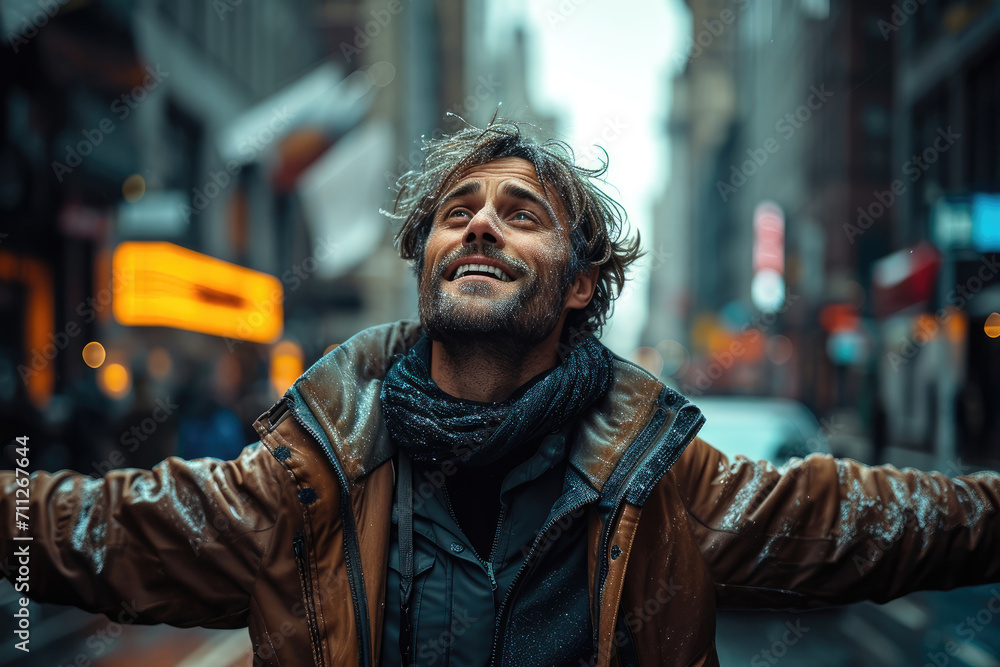 Portrait of a man on the street in a state of euphoria. Generative AI. Portrait of a man on the street in a state of euphoria. Generative AI.