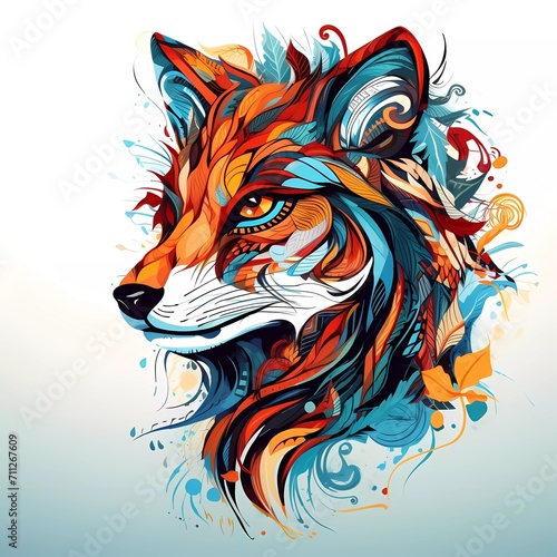 Abstract fox head close up with tangled doodle elements. Full color illustrations. generative ai
