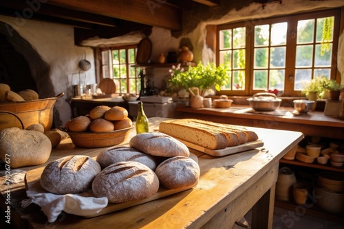 A variety of breads, from traditional loaves to artisanal creations, arranged neatly on a table ready for purchase, Cozy country kitchen with fresh bread cooling on a wooden countertop, AI Generated
