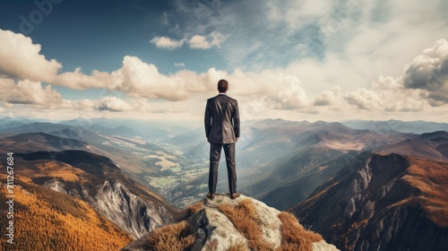 A businessman stands on the top of a mountain and looks into the distance on the background of beautiful nature. The concept of Career growth, Overcoming difficulties, Achieving Success in business. © liliyabatyrova