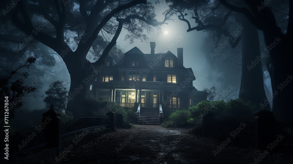 A spooky night scene of an old mansion surrounded by fog and illuminated by the full moon