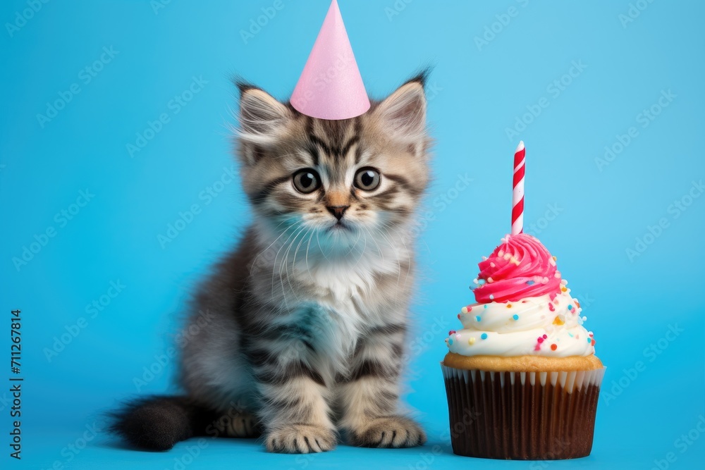 Small Kitten Sitting Next to Cupcake, Cute kitten photographed with a birthday hat and cupcake against a blue background, AI Generated Small Kitten Sitting Next to Cupcake, Cute kitten photographed with a birthday hat and cupcake against a blue background, AI Generated