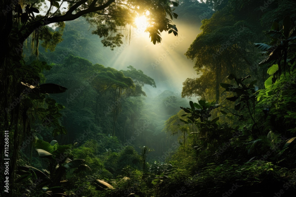Obraz premium The radiant sun shines through the verdant jungle, casting vibrant rays of light through the trees, Dense jungle landscape with dark green trees and sunbeams filtering through, AI Generated