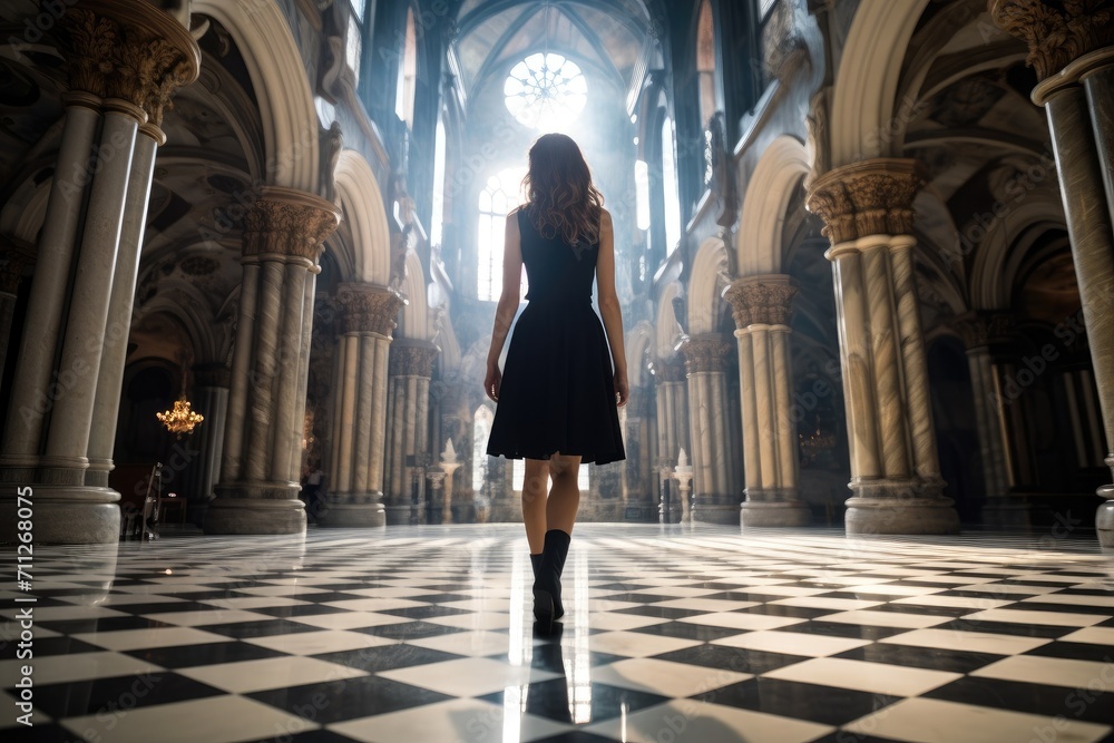 A woman wearing a black dress stands in a peaceful church, Female tourist sightseeing at St Joseph's Cathedral, full body, AI Generated