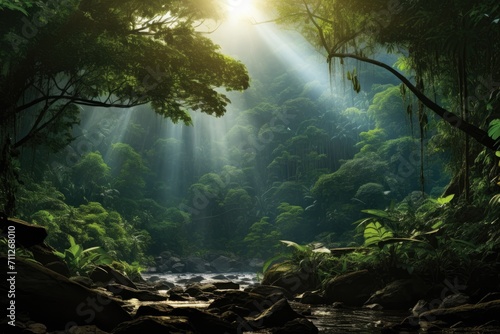 Sunlight Filters Through Dense Jungle Foliage Creating Mesmerizing Patterns of Light and Shadow  Dense jungle landscape with dark green trees and sunbeams filtering through  AI Generated