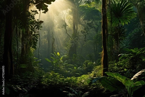 An enchanting forest bursting with a vibrant array of green plants and towering trees  Dense jungle landscape with dark green trees and sunbeams filtering through  AI Generated