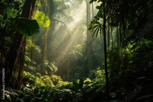 A breathtaking forest teeming with an abundance of trees and natural beauty  Dense jungle landscape with dark green trees and sunbeams filtering through  AI Generated