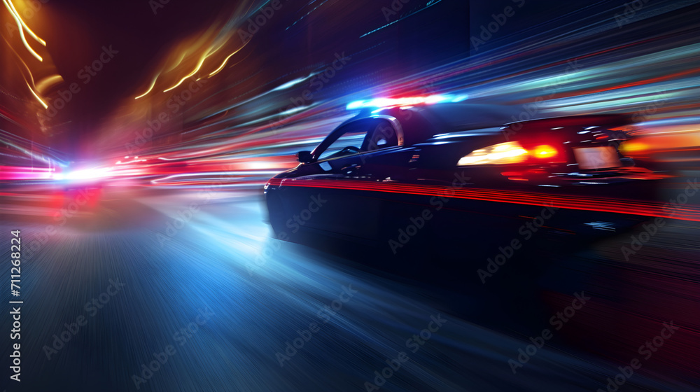 high speed police chase - motion blurred cars at night