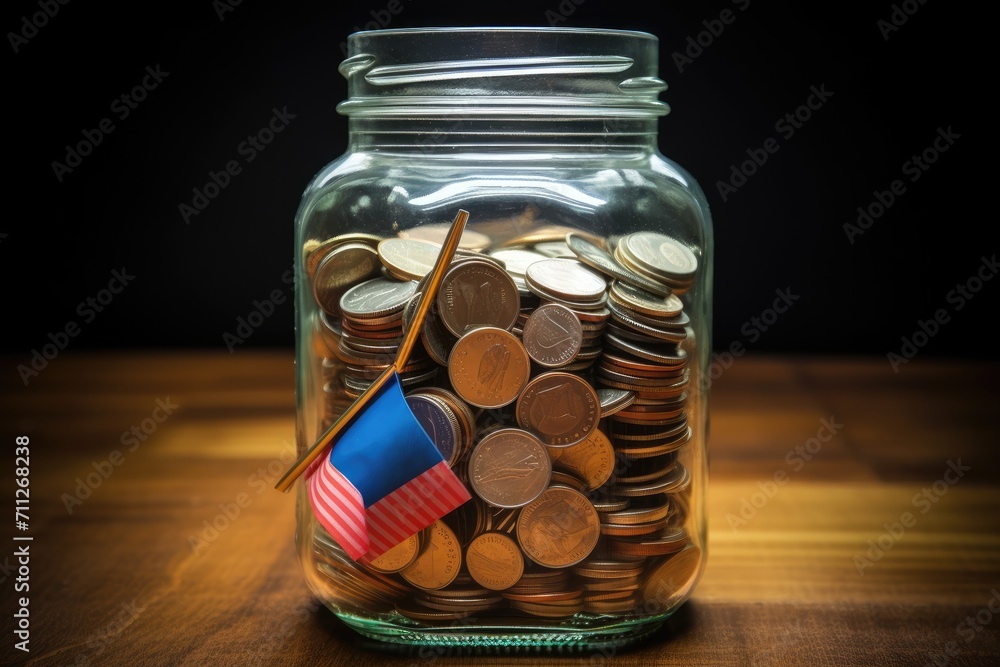 A jar filled with coins, topped with a flag, represents both financial savings and patriotic pride, Finance concept - Malaysia Ringgit Coins in a jar with the Malaysia flag, AI Generated A jar filled with coins, topped with a flag, represents both financial savings and patriotic pride, Finance concept - Malaysia Ringgit Coins in a jar with the Malaysia flag, AI Generated