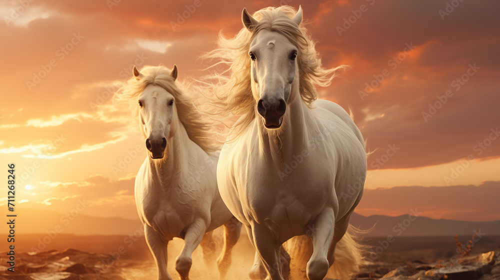 Couple white horse with long mane against sunset sky.