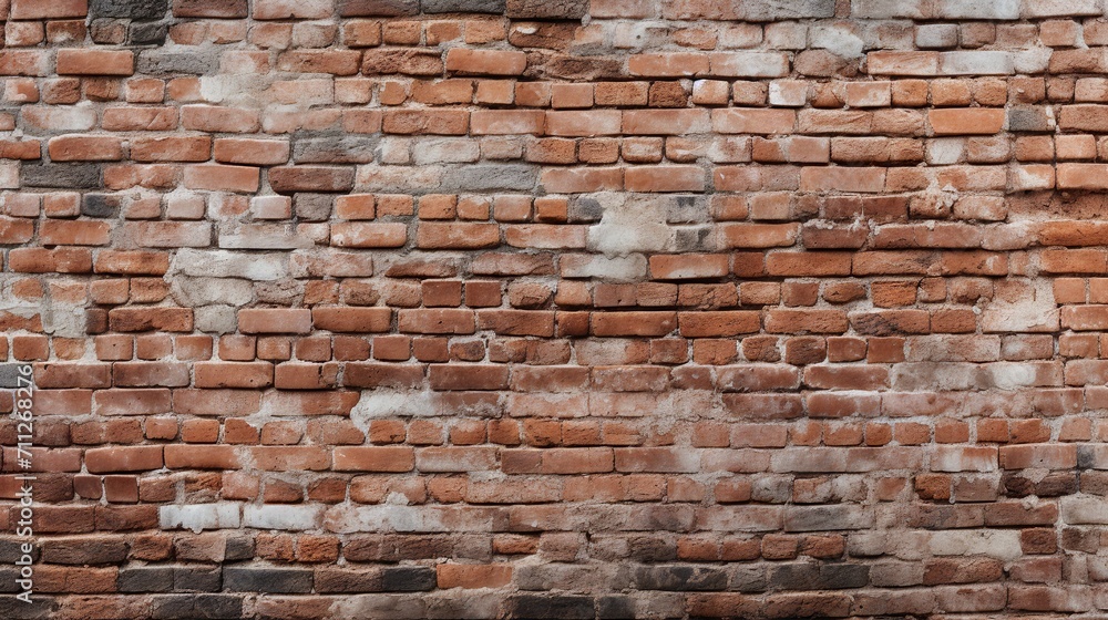 Fototapeta premium Old red brick wall background, wide panorama of masonry with cracks and stains, vintage texture for design and decoration