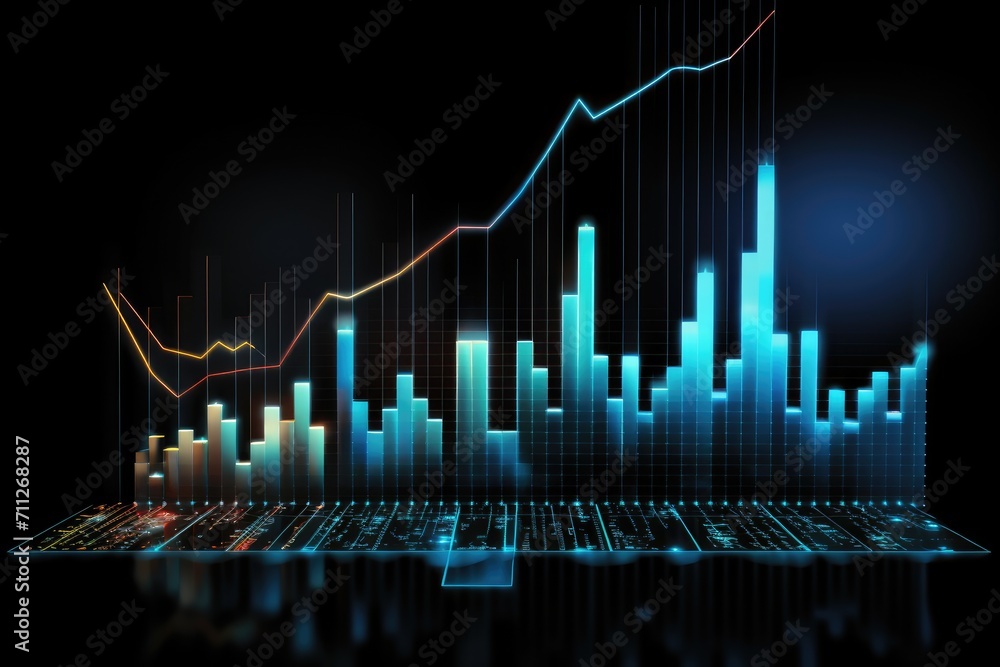 Abstract Bar Chart on Black Background, Data Visualization, Analysis, Representation, Statistics, Financial graph chart hologram on a black background, AI Generated