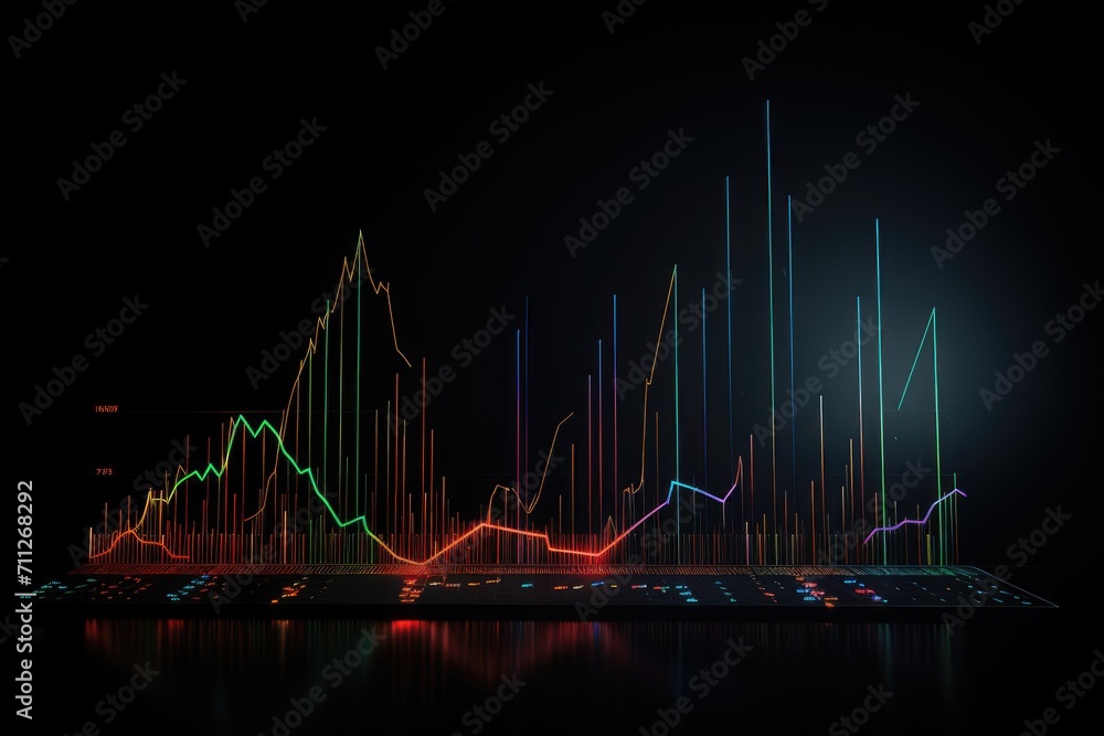 A computer keyboard placed on top of a table, ready for use, Financial graph chart hologram on a black background, AI Generated A computer keyboard placed on top of a table, ready for use, Financial graph chart hologram on a black background, AI Generated